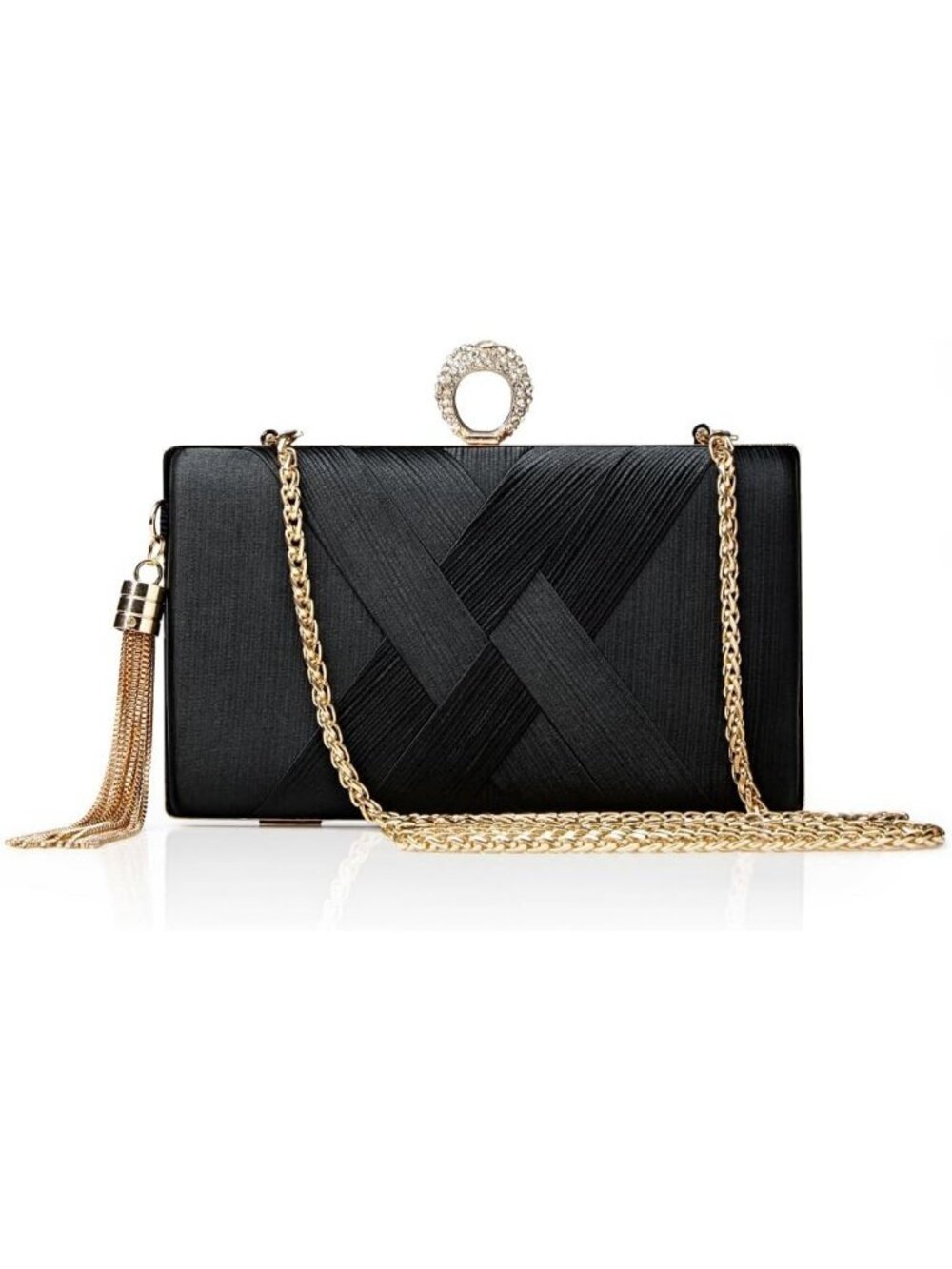 Women's Black Tassel Clutch Purse Textured Handbag Wedding Party Evening Bag